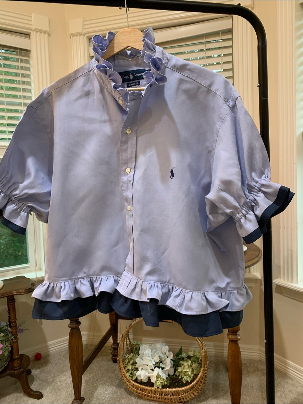 Ralph Lauren Light Blue Ruffle Trim Button-Down Shirt